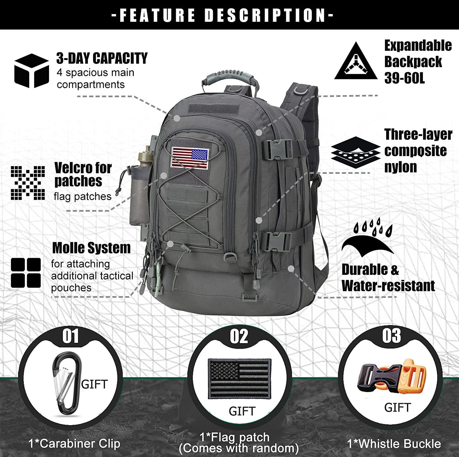 WolfWarriorX Men Backpacks Large Capacity Military Tactical Hiking Expandable 39L-60L Backpack - Image 2